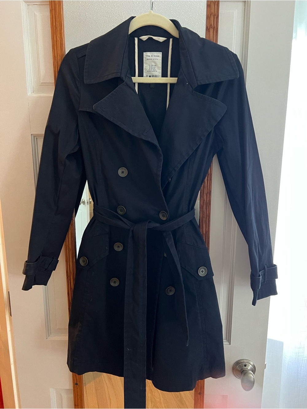 rag & bone Black Double-Breasted Trench Coat with Waist Tie